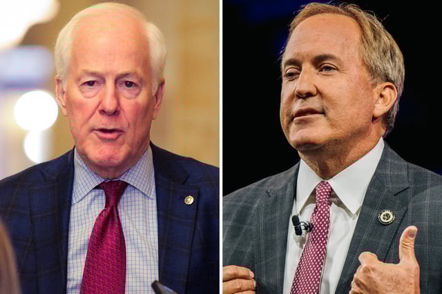 Senator John Cornyn speaks to reporters in Washington, D.C. on March 3, 2025. Texas Attorney General Ken Paxton speaks during the annual Conservative Political Action Conference in Dallas, Texas on July 11, 2021.