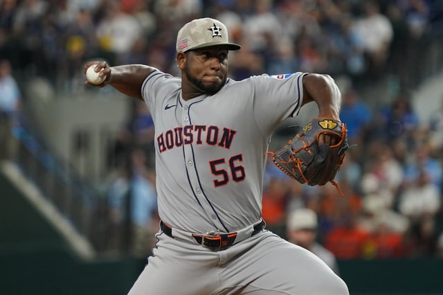 May 17, 2025; Arlington, Texas, USA; Houston Astros pitcher Ronel Blanco (56) throws to the plate during the first inning against the Texas Rangers at Globe Life Field. Mandatory Credit: Raymond Carlin III-Imagn Images/File Photo