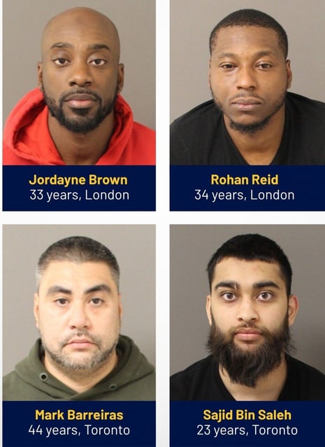  Four men face a combined 117 charges after a five-month London police investigation that led to the seizure of more than $3 million worth of drugs and five guns. (London police photo)