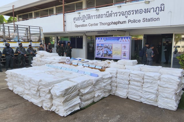 FILE - Thai soldiers stand beside seized 50 million methamphetamine pills hidden in sacks during a news conference at Thongphaphum Police station in Kanchanaburi province, Thailand, on Dec. 13, 2023. (AP Photo/Keskawe Chongchareon)