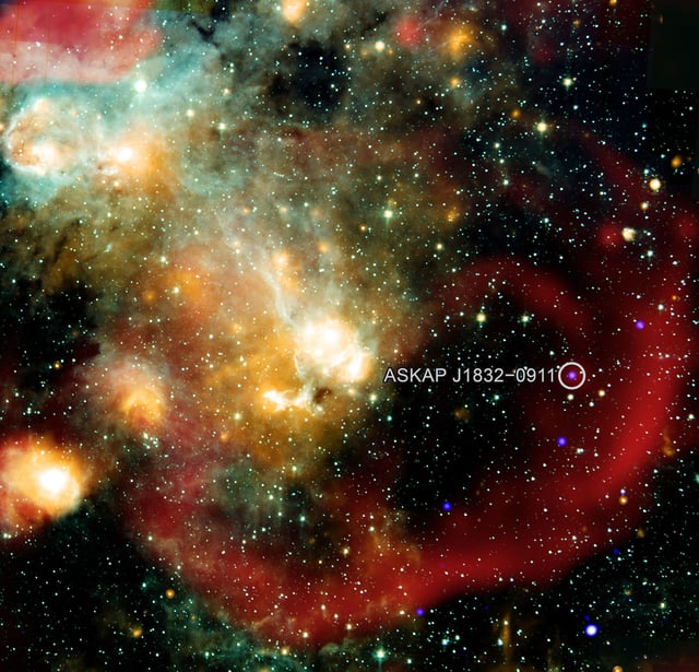 A wide field composite image shows ASKAP J1832 in X-ray, radio, and infrared light.