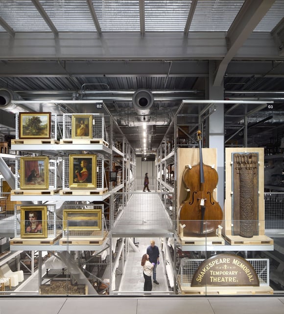 The Weston Collections Hall at V&A East Storehouse, including over 100 mini curated displays on metal storage racking.