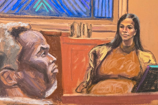 Sean "Diddy" Combs watches as his former girlfriend Cassie Ventura testifies at his sex trafficking trial in New York City on May 13 in this courtroom sketch.