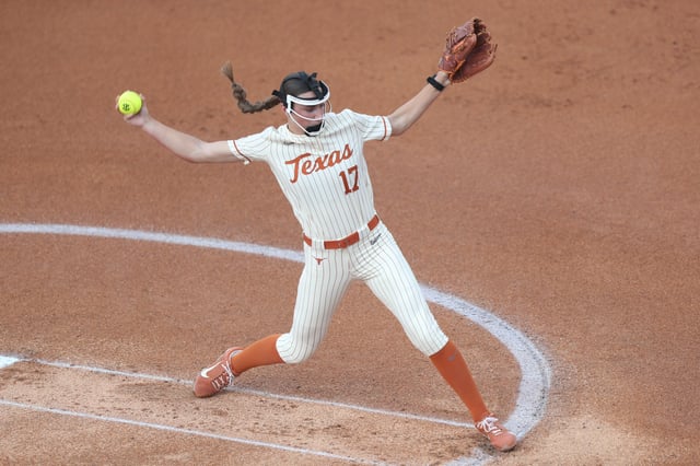 May 8, 2025; Athens, GA, USA;  Texas starting pitcher/relief pitcher Teagan Kavan (17) pitches during a game against Ole Miss at Jack Turner Stadium. Mandatory Credit: Mady Mertens-Imagn Images
