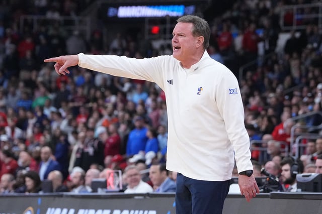 Mar 20, 2025; Providence, RI, USA;  Kansas Jayhawks head coach Bill Self reacts during the second half against the Arkansas Razorbacks at Amica Mutual Pavilion. Mandatory Credit: Gregory Fisher-Imagn Images