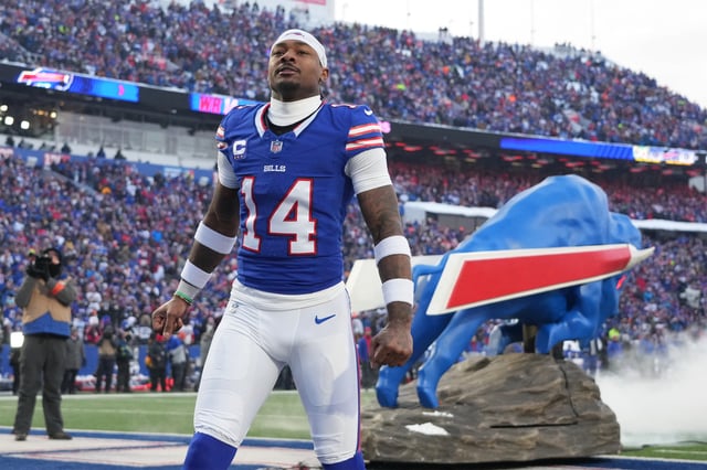 Jan 15, 2024; Orchard Park, New York, USA; Buffalo Bills wide receiver Stefon Diggs (14) takes the field before the game against the Pittsburgh Steelers in a 2024 AFC wild card game at Highmark Stadium. Mandatory Credit: Kirby Lee-USA TODAY Sports