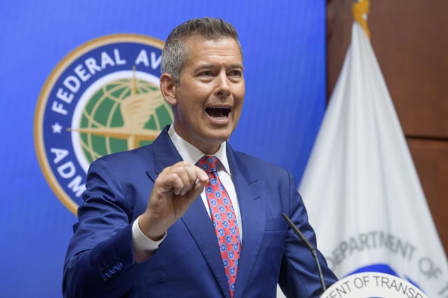 Secretary of Transportation Sean Duffy speaks during a news conference to provide a status update on Newark Liberty International Airport at the Department of Transportation in Washington, Wednesday, May 28, 2025. (AP Photo/Rod Lamkey, Jr.)
