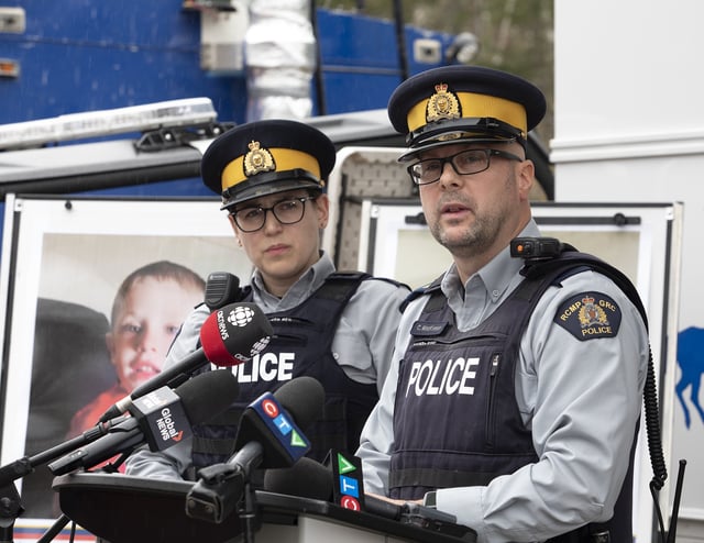 Staff Sgt. Curtis MacKinnon, District Commander Pictou County District, RCMP, speaks to reporters about the search for Lilly Sullivan and Jack Sullivan, two children missing since last week, in Lansdowne Station, Nova Scotia, Wednesday, May 7, 2025.
