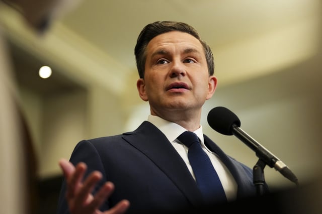 Conservative Leader Pierre Poilievre responds to the speech from the throne during a press conference in the foyer of the House of Commons on Parliament Hill in Ottawa on Tuesday, May 27, 2025. THE CANADIAN PRESS/Sean Kilpatrick