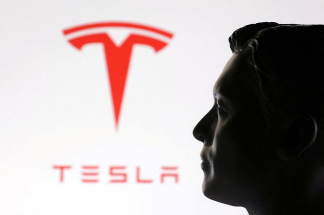 A 3D-printed miniature model of Elon Musk and the Tesla logo are seen in this illustration taken January 23, 2025. REUTERS/Dado Ruvic/Illustration/File Photo