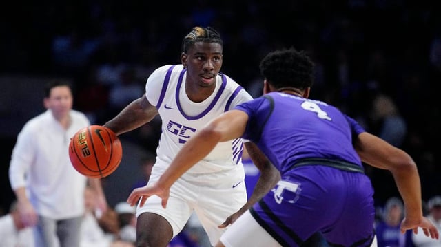 Grand Canyon guard Tyon Grant-Foster (7) drives against Tarleton State guard Lue Williams (4) during a game at Grand Canyon University in Phoenix on Jan. 13, 2024.