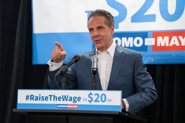 Former Gov. Andrew Cuomo speaks during a campaign press conference and rally announcing his support for a $20/hour minimum wage on Wednesday, May 28, 2025, in Manhattan, New York. (Barry Williams / New York Daily News)
