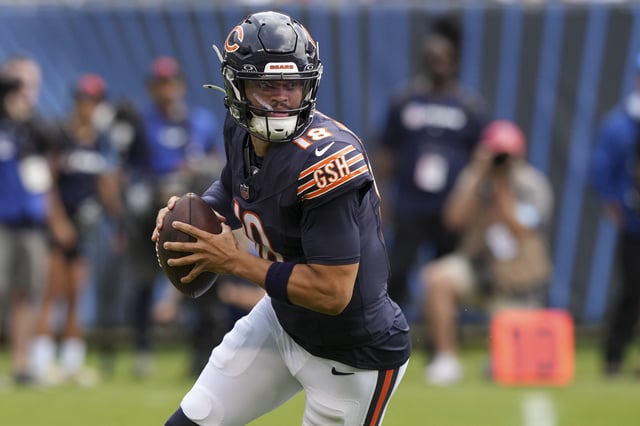Caleb Williams #18 of the Chicago Bears drops back to pass during the first quarter of an NFL preseason football game against the Cincinnati Bengals, at Soldier Field on August 17, 2024 in Chicago, Illinois.