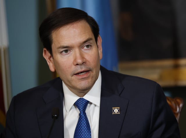 Secretary of State Marco Rubio speaks during a Declaration of Principles signing ceremony in Washington, D.C. on April 25, 2025.
