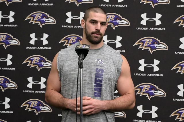 Ravens tight end Mark Andrews takes questions after OTAs at the Under Armour Performance Center. (Kim Hairston/Staff)