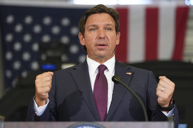 Gov. Ron DeSantis speaks during a press conference about a recent immigration enforcement operation, at the South Florida office of U.S. Immigration and Customs Enforcement and Enforcement and Removal Operations, Thursday, May 1, 2025, in Miramar, Fla.