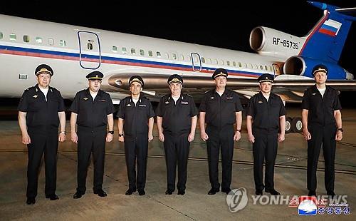 This photo, published by the Korean Central News Agency, shows a delegation from Russia's interior ministry arriving in Pyongyang on May 25, 2025. (For Use Only in the Republic of Korea. No Redistribution) (Yonhap)