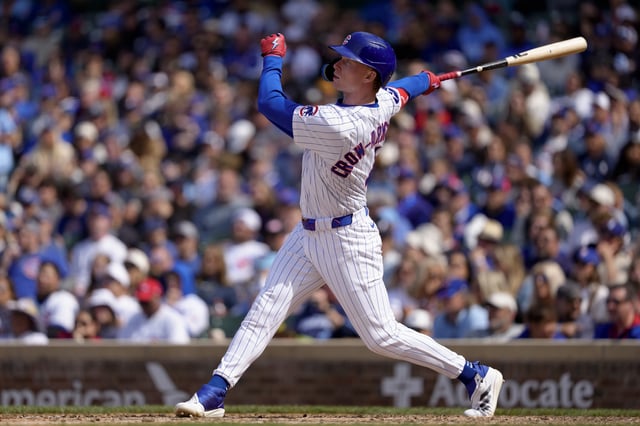 CHICAGO, ILLINOIS - MAY 26: Pete Crow-Armstrong #4 of the Chicago Cubs bats in a game against the Colorado Rockies at Wrigley Field on May 26, 2025 in Chicago, Illinois.