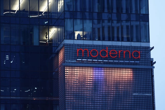 Moderna logo is seen in Warsaw, Poland on April 9, 2025. (Photo by Jakub Porzycki/NurPhoto via Getty Images)