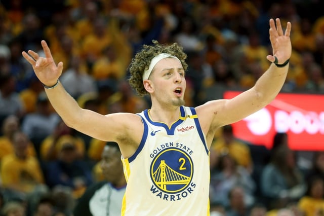 Golden State Warriors’ Brandin Podziemski (2) argues a  foul call in the 2nd quarter of Game 3 of the Western Conference Second Round NBA Playoffs against the Minnesota Timberwolves at Chase Center in San Francisco, Calif., on Saturday, May 10, 2025. (Karl Mondon/Bay Area News Group)