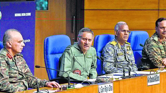 Lieutenant General Rajiv Ghai, Air Marshal AK Bharti, Vice Admiral AN Pramod and Major General SS Sharda during the press conference on Operation Sindoor. (ANI)