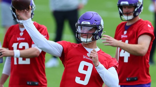 Minnesota Vikings quarterbacks J.J. McCarthy (9), Sam Darnold (14) and Nick Mullens (12) on the field during the team’s mandatory minicamp at Twin Cities Orthopedics Performance Center on June 4, 2024, in Eagan, Minnesota. (Adam Bettcher/Getty Images/TNS)