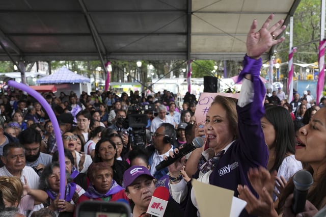 Yasmin Esquivel, who is running for election for the Mexican Supreme Court, speaks to supporters at her closing campaign rally in Mexico City, Wednesday, May 28, 2025. (AP Photo/Marco Ugarte)