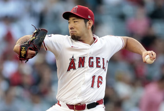 Angels starting pitcher Yusei Kikuchi throws to the plate during the first inning of their game against the New York Yankees on Wednesday night at Angel Stadium. (Photo by Ronald Martinez/Getty Images)