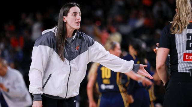 May 28, 2025; Washington, District of Columbia, USA; Indiana Fever guard Caitlin Clark talks with the referee after the second quarter agains the Washington Mystics at Entertainment & Sports Arena. Mandatory Credit: Emily Faith Morgan-Imagn Images