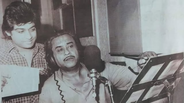 Kishore Kumar and Amit Kumar at a recording session, circa 1970s.