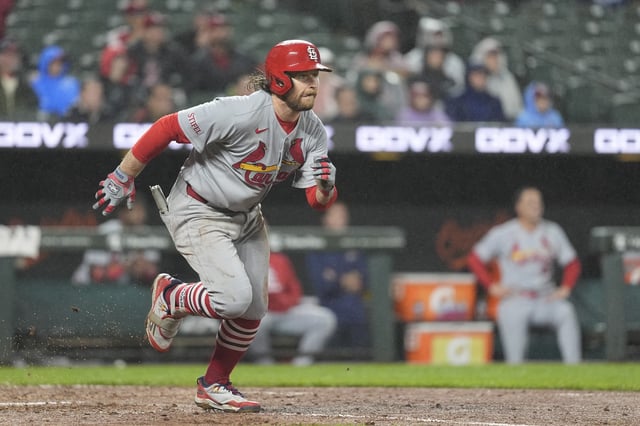 May 28, 2025; Baltimore, Maryland, USA; St. Louis Cardinals second baseman Brendan Donovan (33) watches his two run home run against the Baltimore Orioles during the fifth inning at Oriole Park at Camden Yards. Mandatory Credit: Gregory Fisher-Imagn Images