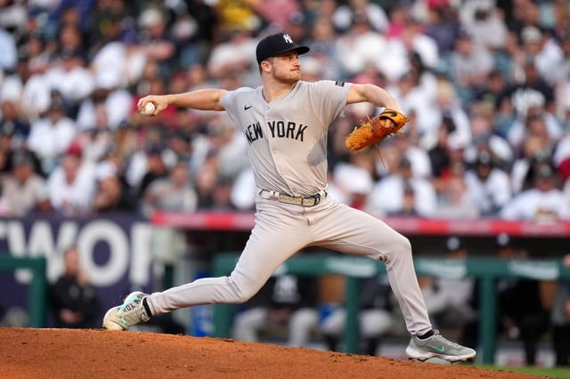 May 28, 2025; Anaheim, California, USA; New York Yankees starting pitcher Clarke Schmidt (36) throws in the first inning against the Los Angeles Angels at Angel Stadium. Mandatory Credit: Kirby Lee-Imagn Images