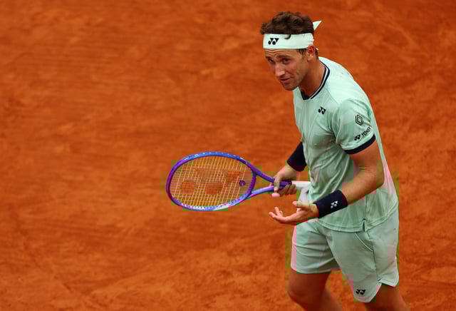 Tennis - French Open - Roland Garros, Paris, France - May 28, 2025 Norway's Casper Ruud reacts during his second round match against Portugal's Nuno Borges REUTERS/Lisi Niesner