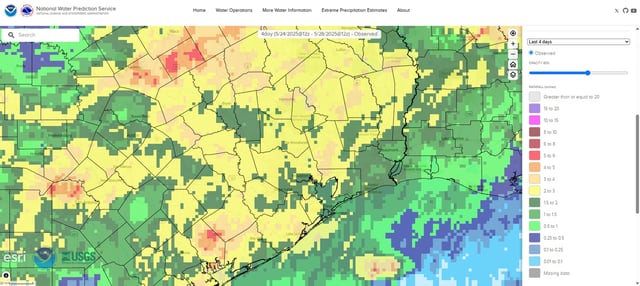This image shows radar-estimated rainfall across Southeast Texas since Saturday. Yellow indicates where at least 2 inches of rain has fallen, while pockets of orange and red suggest totals of 3 inches or more.