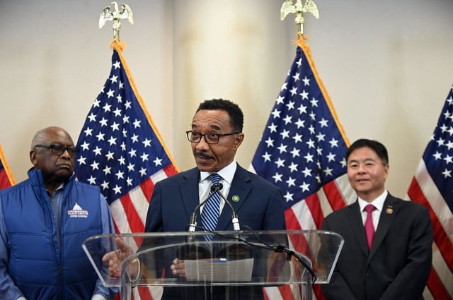 Maryland 7th District Rep. Kweisi Mfume, center, makes welcoming remarks with Rep. James Clyburn, left, and Rep. Ted Lieu, right, vice chair of House Democratic Caucus, at the news conference before the official opening of the House Democrats 2023 Issues Conference at the Hyatt Baltimore Inner Harbor.