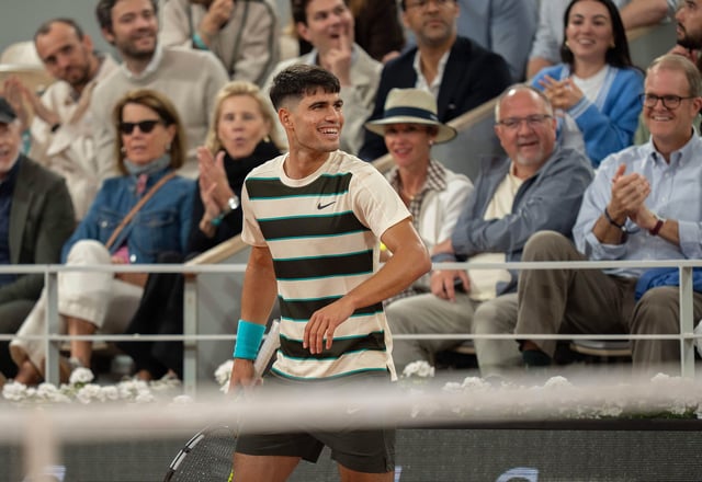 Carlos Alcaraz of Spain reacts to a point during his match against Fabian Marozsan of Hungary on day four at Roland Garros Stadium in Paris on May 28, 2025.