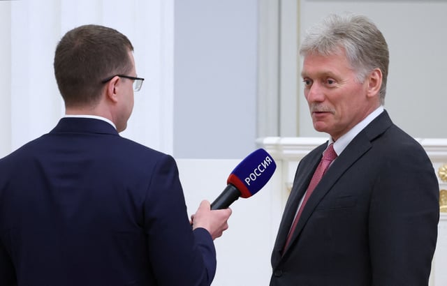 Kremlin spokesman Dmitry Peskov speaks with Russian state TV correspondent Pavel Zarubin during an interview following a meeting of the Russia - Land of Opportunity organisation supervisory board's meeting, chaired by President Vladimir Putin, in Moscow, Russia, May 27, 2025. Sputnik/Alexander Kazakov/Pool via REUTERS/File Photo