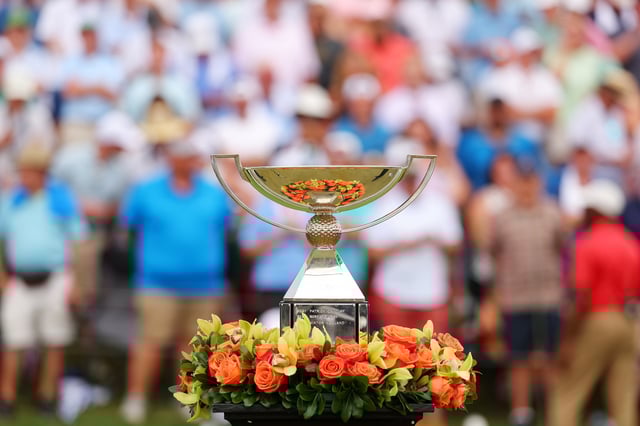 The FedExCup Trophy is displayed on the 18th green after the final round of the TOUR Championship at East Lake Golf Club on September 01, 2024 in Atlanta, Georgia.