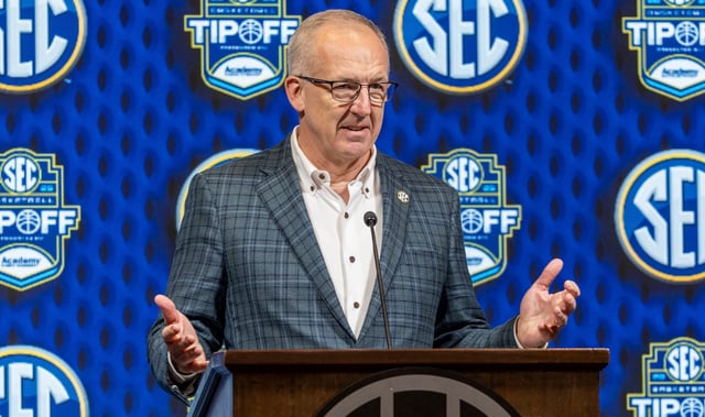 SEC commissioner Greg Sankey talks with the media during SEC Media Days at Grand Bohemian Hotel on Oct. 16, 2024.