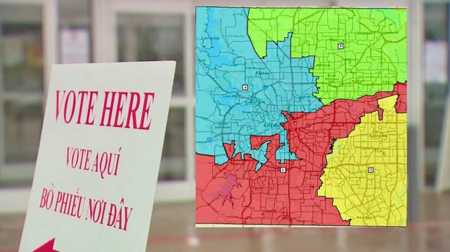 The current Tarrant County commissioners map, showing a Fort Worth precinct in red and an Arlington precinct in yellow, would be redrawn under a proposal to elect a Republican commissioner in Arlington.