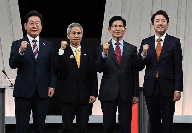 South Korea’s presidential candidates (from left) Lee Jae-myung of the Democratic Party, Kwon Young-kook of the Democratic Labour Party, Kim Moon-soo of the People Power Party and Lee Jun-seok of the Reform Party. Photo: Kyodo, Pool via AP