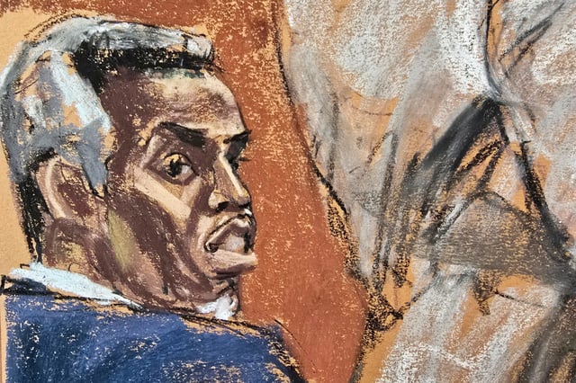 Sean "Diddy" Combs watches as his defense lawyer Brian Steel cross examines Los Angeles Police Department Officer Christopher Ignacio at Combs' sex trafficking trial in New York City, on May 28, 2025 in this courtroom sketch.