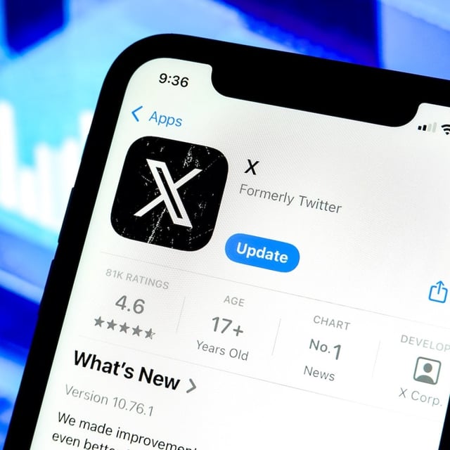 An X (Twitter) app logo is displayed in the Apple Store for iPhone. 