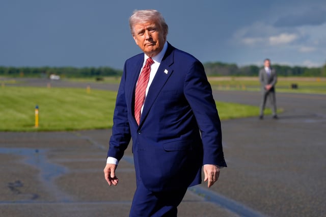President Donald Trump arrives on Air Force One at Morristown Municipal Airport in Morristown, N.J., on May 23, 2025.