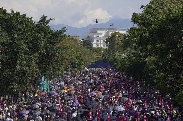 Pro-monarchy supporters take part in a rally calling for the restoration of Nepal's monarchy in Kathmandu, Nepal, Thursday, May 29, 2025. (AP Photo/Niranjan Shrestha)