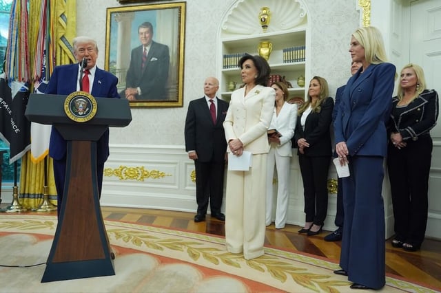 President Donald Trump, left, speaks during the swearing-in ceremony for Interim U.S. Attorney General for the District of Columbia Jeanine Pirro, center, as Attorney General Pam Bondi, right, looks on Wednesday. (AP Photo/Evan Vucci)