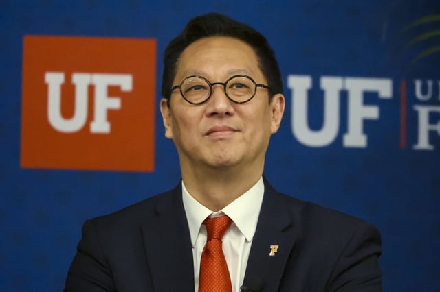 Santa Ono attends a Faculty Forum while visiting the University of Florida on Tuesday, May 6, 2025, in Gainesville. His appointment as the school&#39;s next president is pending approval by the Florida Board of Governors.