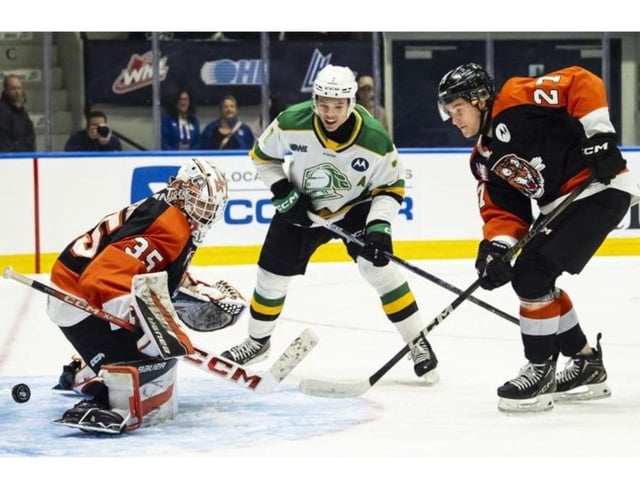 A shot by Easton Cowan of the London Knights is saved by Medicine Hat Tigers goalie Harrison Meneghin during their game at the Memorial Cup in Rimouski, Que. on May 27, 2025. (Canadian Press)