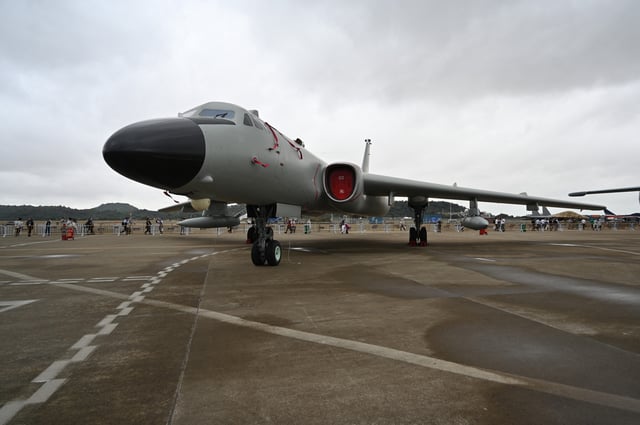 A Chinese H-6K bomber is displayed during the 15th China International Aviation and Aerospace Exhibition in Zhuhai in China&#39;s Guangdong province on November 14, 2024.
