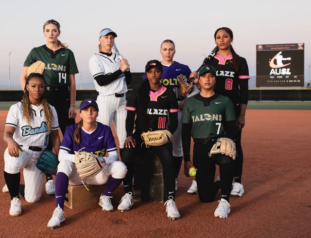 Athletes Unlimited Softball League players Montana Fouts, Odicci Alexander, Sis Bates, Skylar Wallace, Amanda Lorenz, Aliyah Andrews, Maya Brady and Aleshia Ocasio.